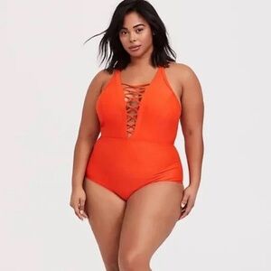 Torrid Wireless Plunge One Piece Swimsuit Plus 3X Orange Cut Out V-Neck